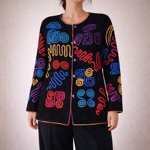 Vintage Artsy Abstract Blazer Cardigan Black Colorful Embroidered Size Large